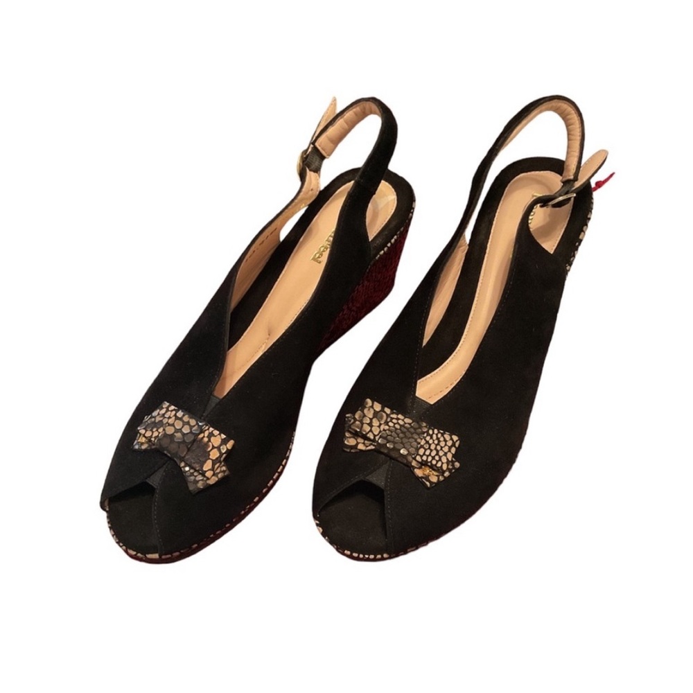 New BEAUTIFEEL Speranza Black Suede/Cobra Sling Back Wedge Sandals